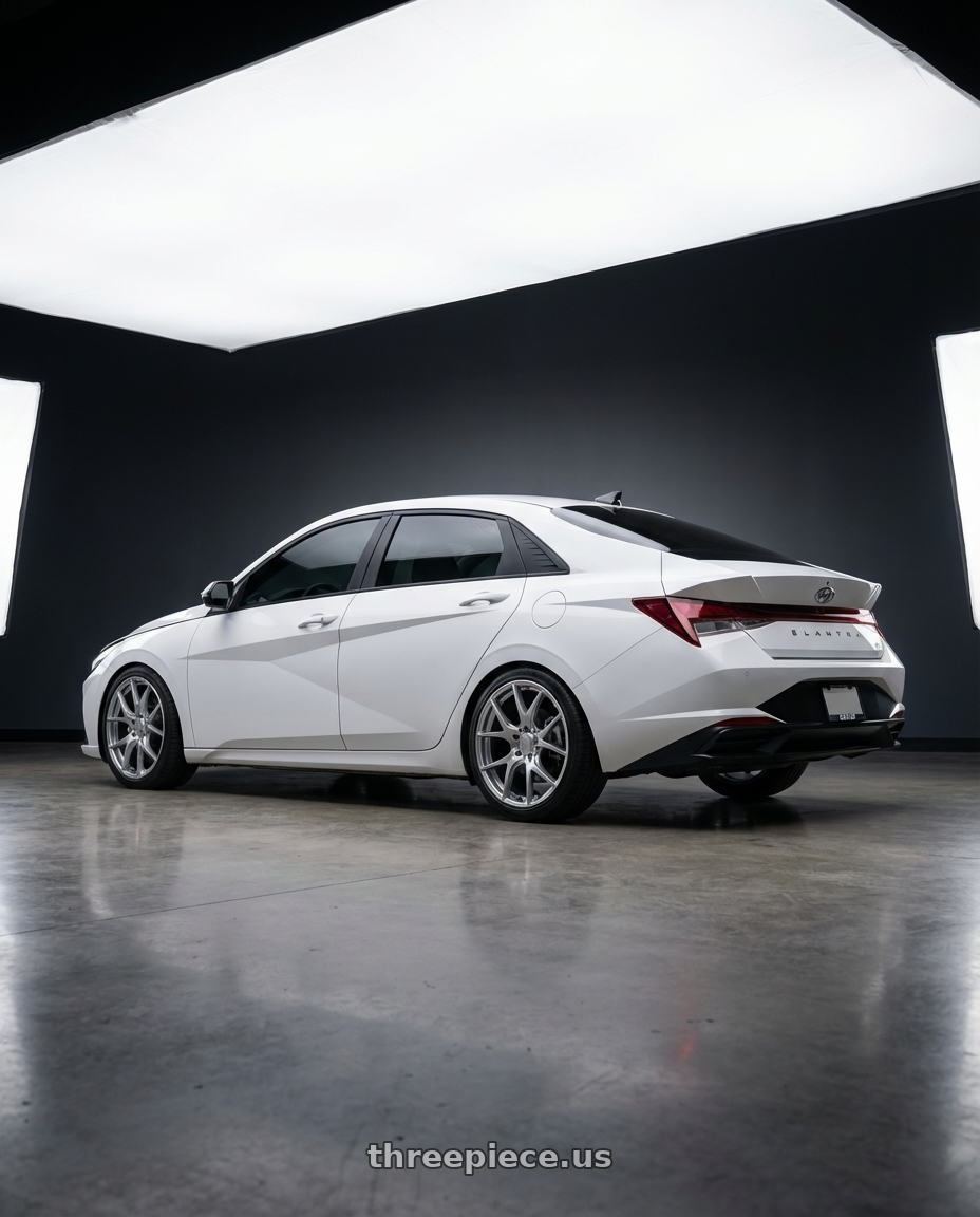 2024 Hyundai Elantra N with Ssr Gtv03 5x114.3 19x8.5+38  GLARE SILVER wheels rear three quarter view square tires