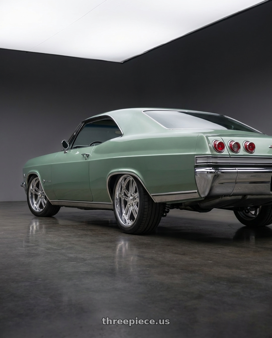 1965 Chevy Impala with US Mag 1PC U131 BULLET 5X120.65 20X8 +1 CHROME wheels rear three quarter view square tires