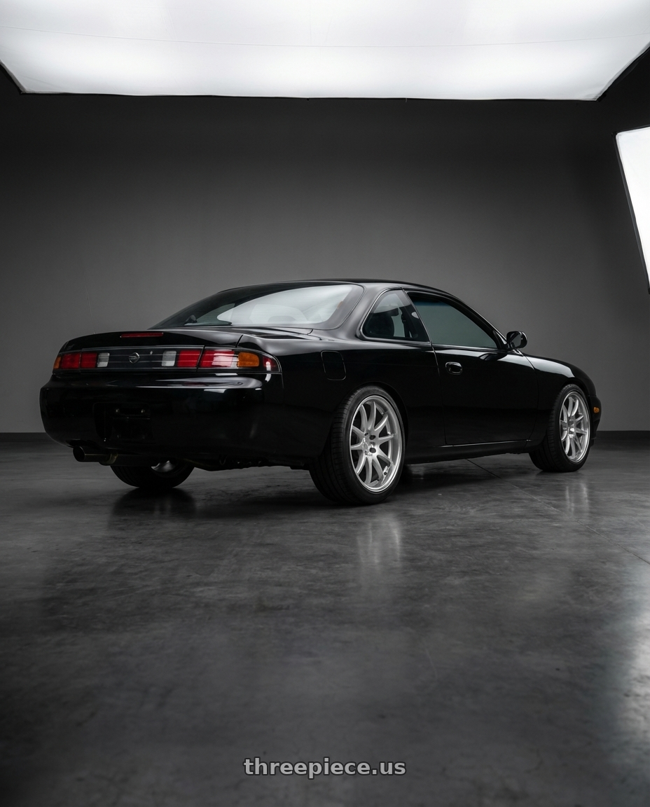 1997 nissan 240sx  with Aodhan DS02 5x114.3 18x9.5+30 Silver w/Machined Face wheels rear three quarter view square tires