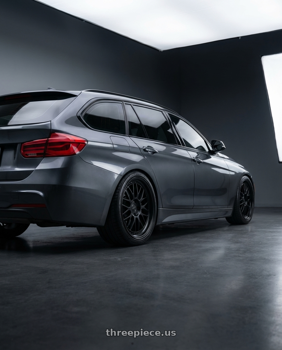2016 BMW 3 Series F30 with Avant Garde Wheels M510 5X120 19x8.5 +33 Matte Black wheels rear three quarter view square tires