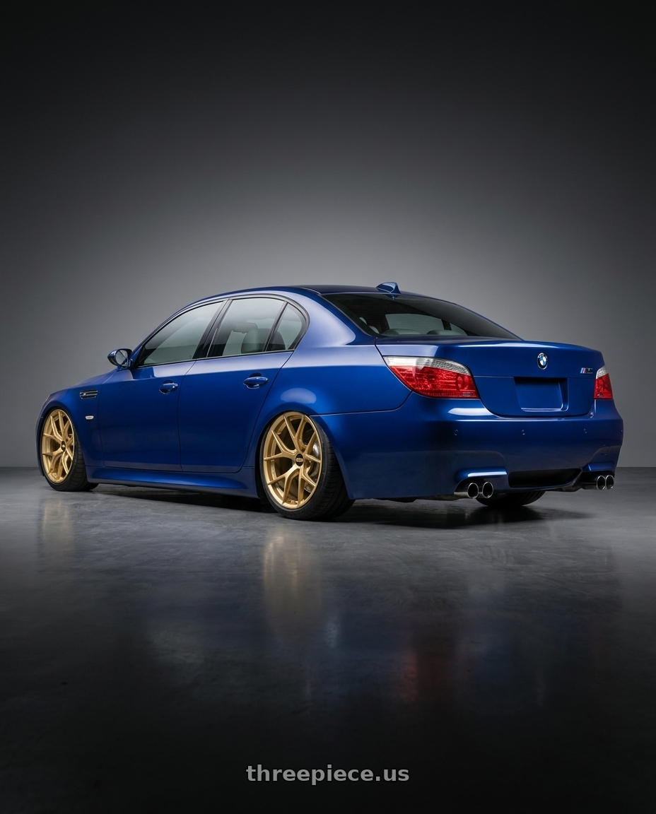 2010 BMW M5 E60 with BBS FI-R 5x120 19x10.5+35 Gold wheels rear three quarter view slight stretch tires