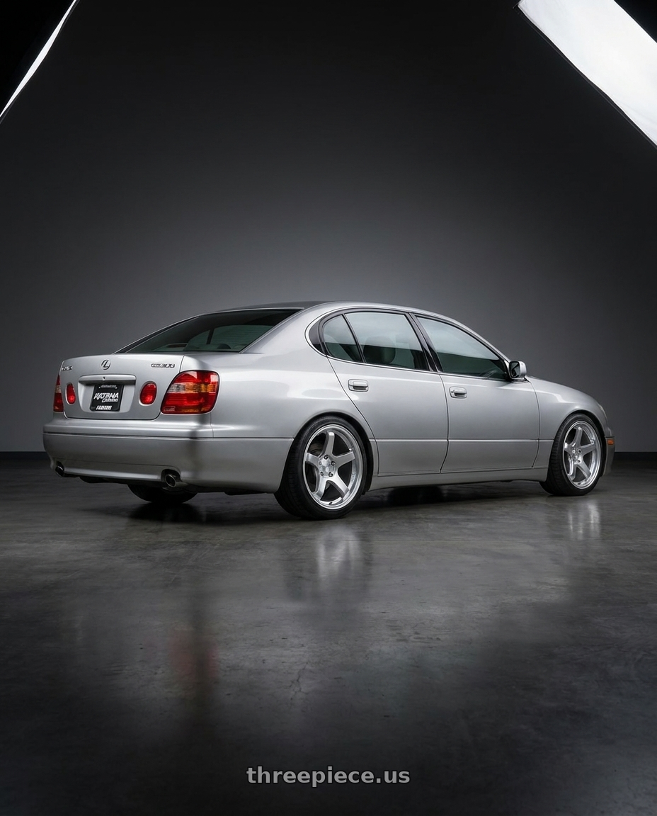 2001 Lexus Gs300 with KATANA RACING HR05 5x114.3 18x9.5 +38 Hyper Silver wheels rear three quarter view square tires