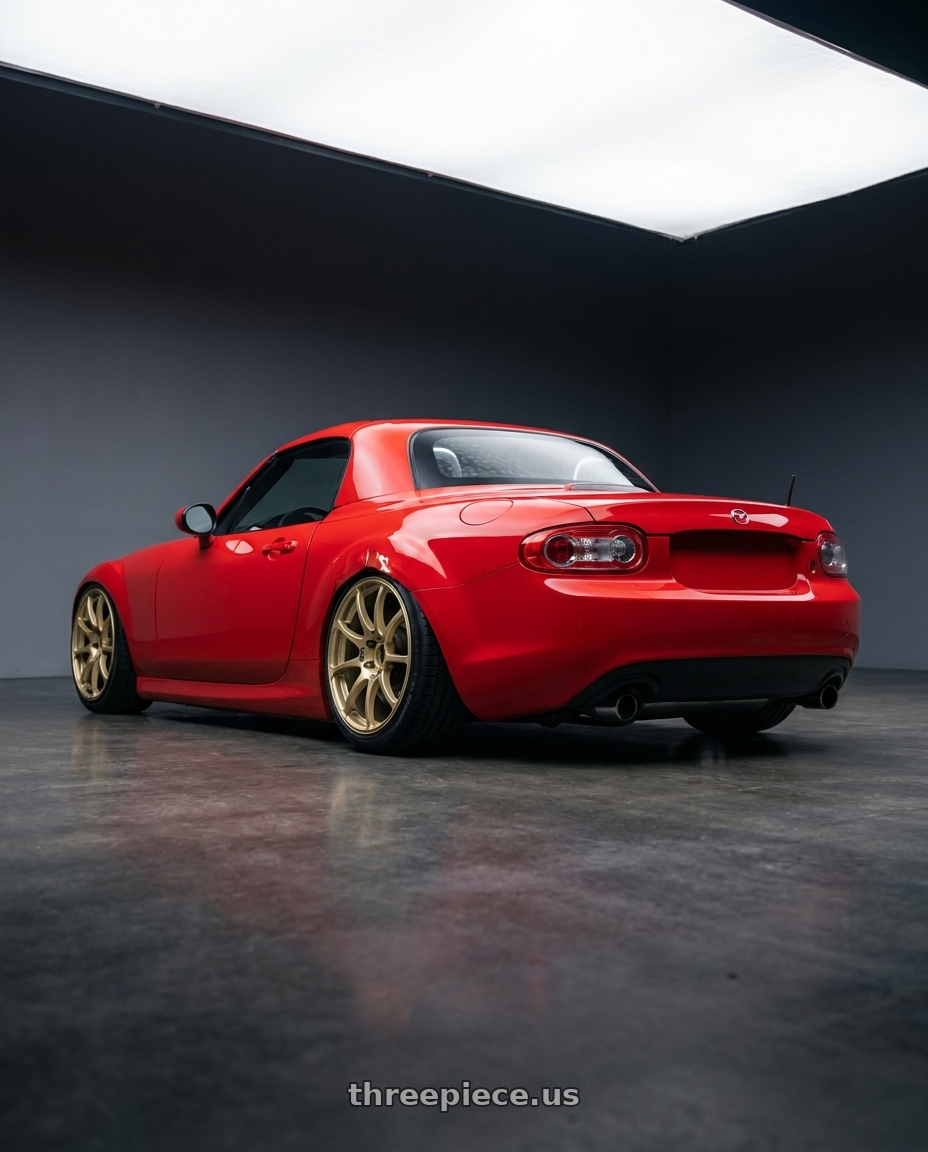 2012 Mazda MX-5 Miata NC with Advan RCIII 5x114.3 17x8+38 Gold wheels rear three quarter view slight stretch tires