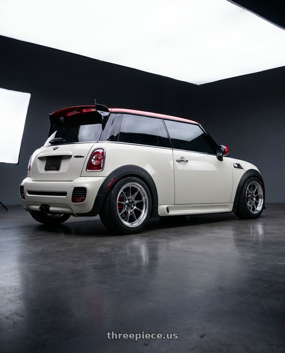 2013 Mini Cooper JCW Hardtop with Konig Countergram 5x112 19x8.5+43 Hyper Chrome / Machined Lip wheels rear three quarter view meaty tires