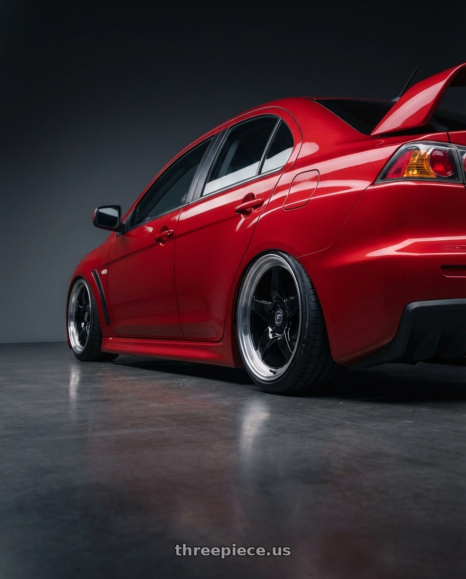 2012 Mitsubishi Lancer Evo X with Forgestar D5 Drag 5x114.3 18x10 +22 Gloss Black Machined wheels rear three quarter view slight stretch tires
