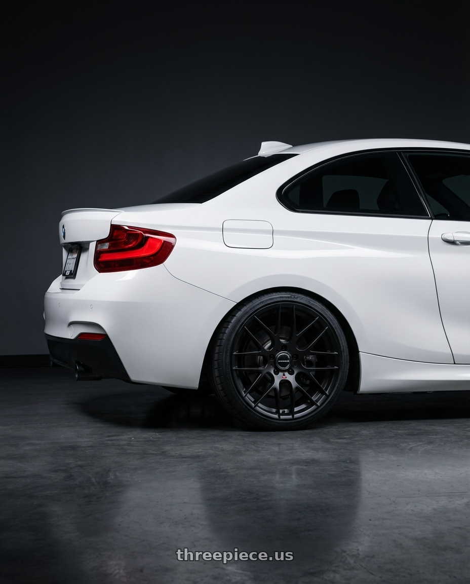 2018 BMW 2 Series F22 with Avant Garde Wheels M359 5X120 18x9.5 +22 Matte Black wheels rear three quarter view square tires
