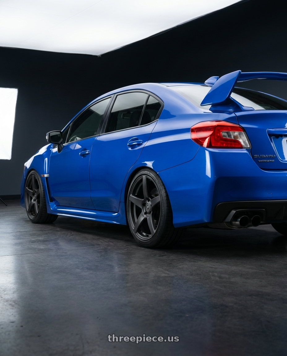 2018 Subaru WRX STI with Forgestar CF5 5x114.3 18x9 +35 Satin Black wheels rear three quarter view square tires