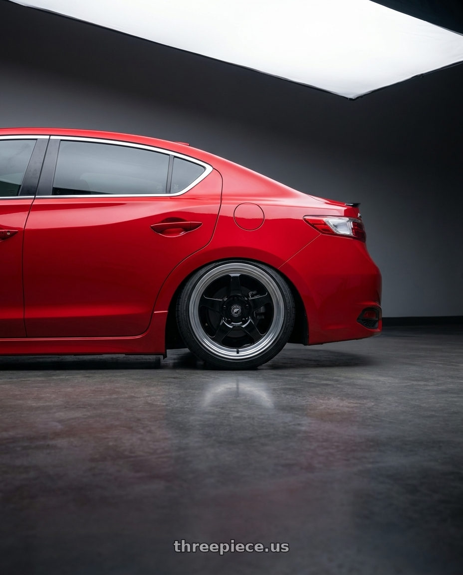 2012 Acura ILX with Forgestar D5 Drag 5x114.3 17x10 +50 Gloss Black Machined wheels rear three quarter view slight stretch tires