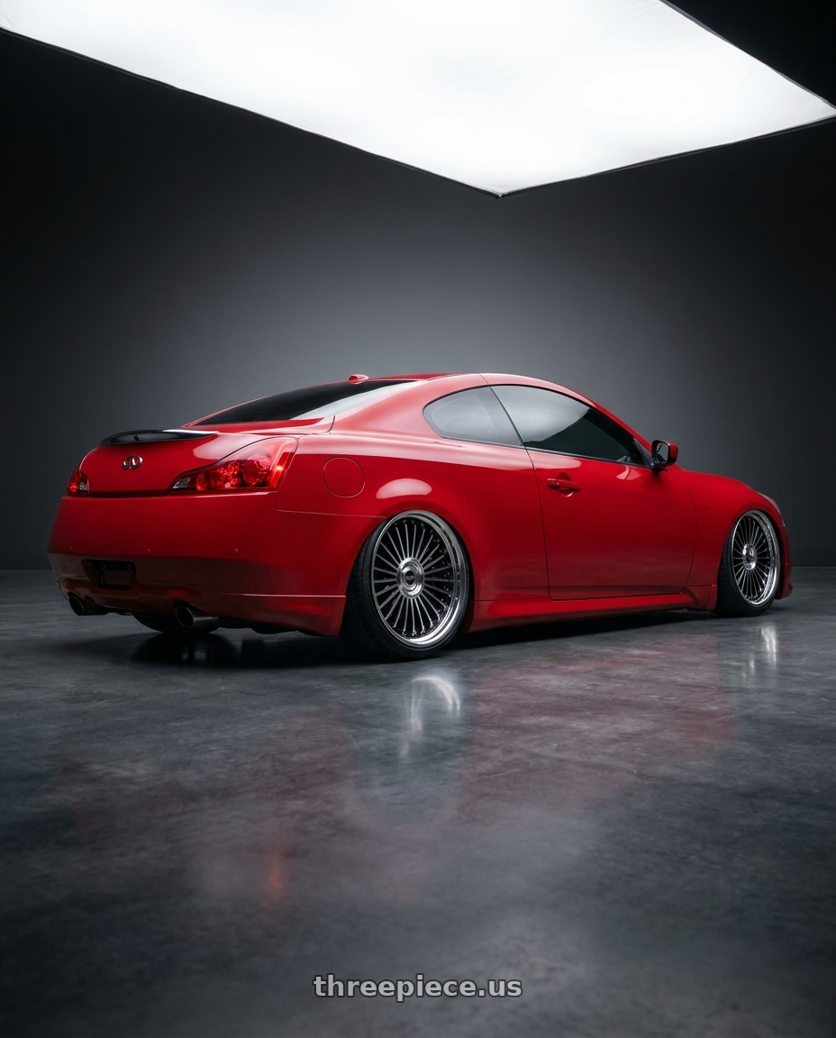 2008 Infiniti g37 coupe red with Work Emitz Black Polish 5x114.3 19x10.0 +22 wheels rear three quarter view slight stretch tires
