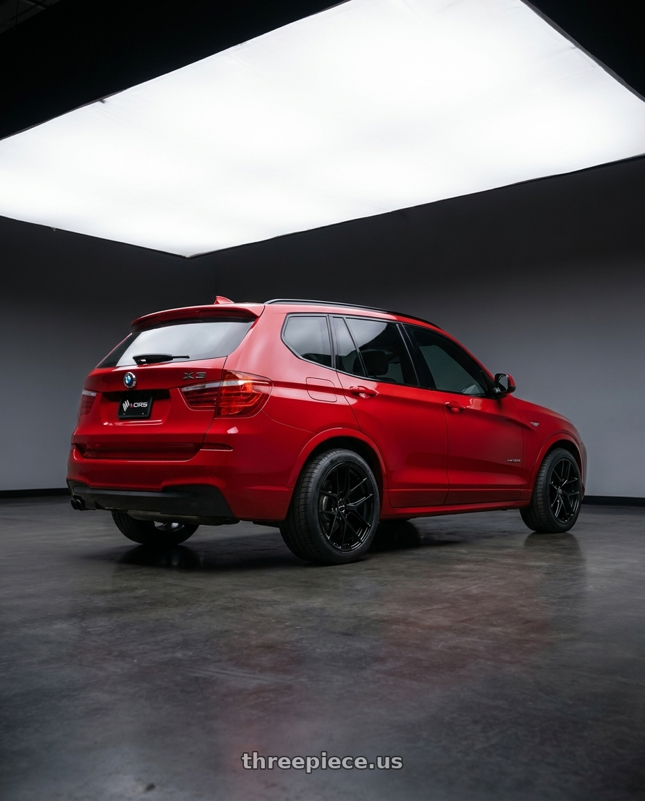 2017 x3 Msport with Vors TR88 5x120 19x9.5 +35 Gloss Black wheels rear three quarter view meaty tires