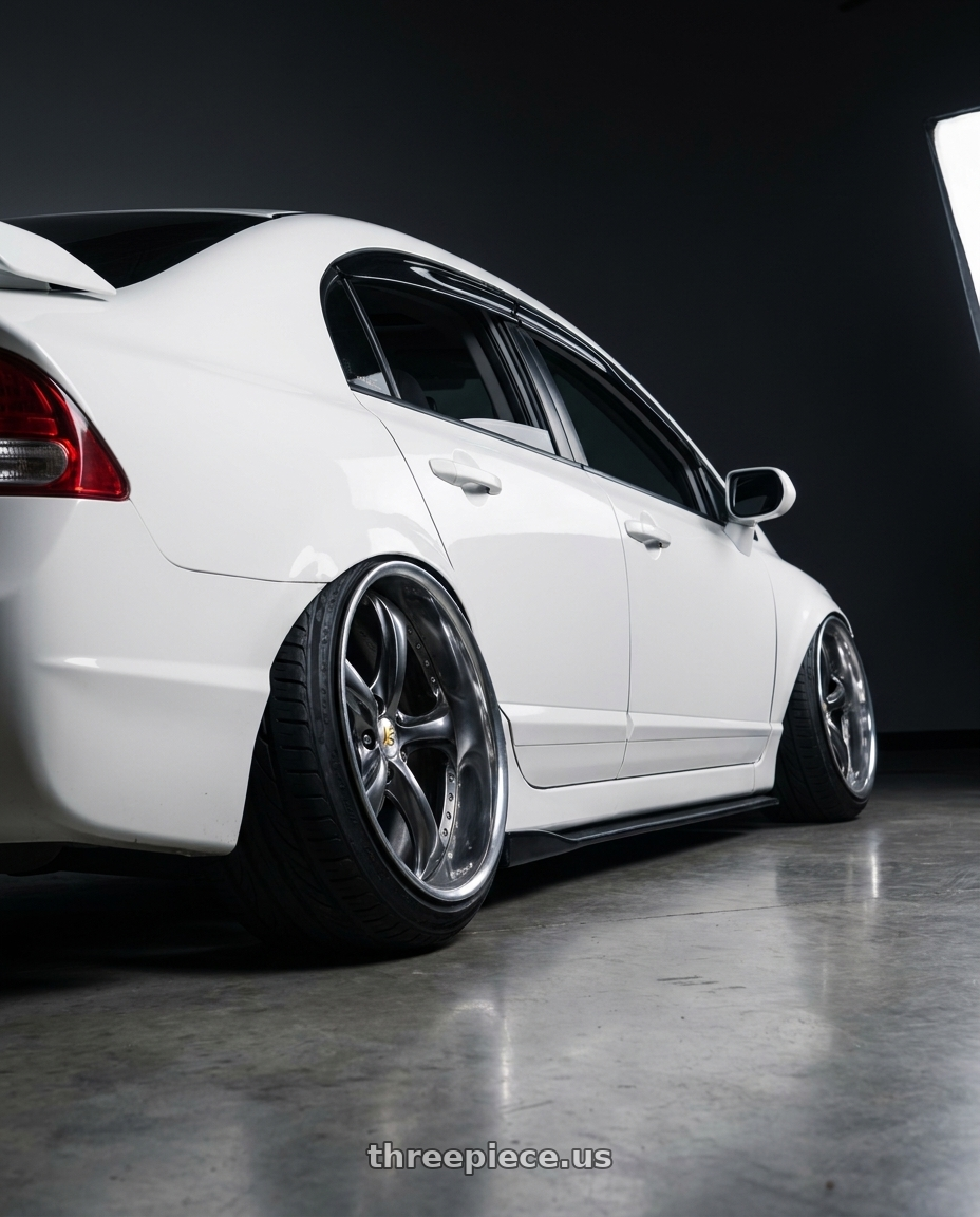2008 Honda Civic SI with Work Wheels VS-KF 5X114.3 19x9+41 Brilliant Silver Black L Disk FULL REVERSE wheels rear three quarter view extreme stretch tires