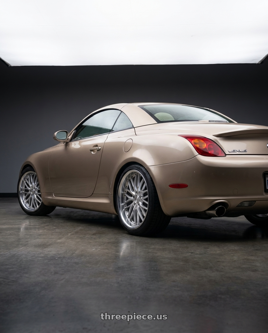 2003 Lexus SC430 Egyptian Sand with MRR GT1 5x114.3 18x8.5  +35 Hyper Silver Machine Lip wheels rear three quarter view square tires