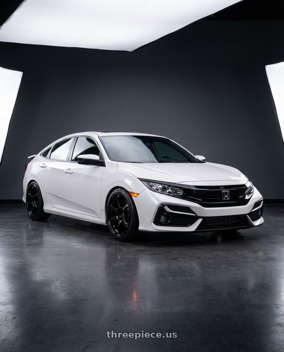 2018 civic si sedan white orchid pearl  with Advan RGIII 5x114.3 18x9.5+45 Gloss Black wheels front three quarter view lowered stance