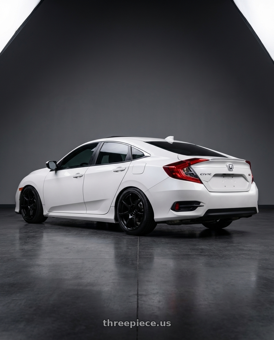 2018 civic si sedan white orchid pearl  with Advan RGIII 5x114.3 18x9.5+45 Gloss Black wheels rear three quarter view slight stretch tires