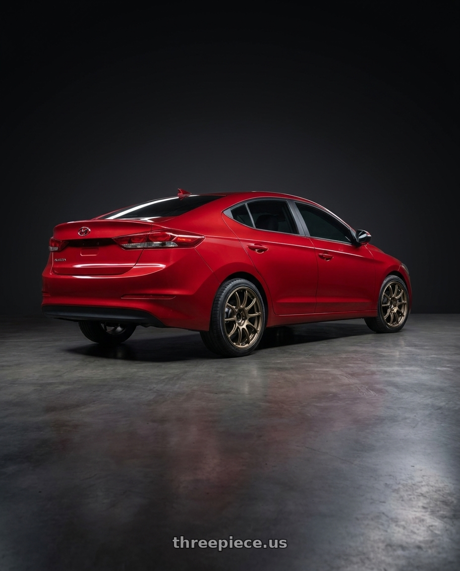 2017 Hyundai Elantra with Advan RZ II 5x114.3 17x7.5+48 Racing Bronze wheels rear three quarter view square tires