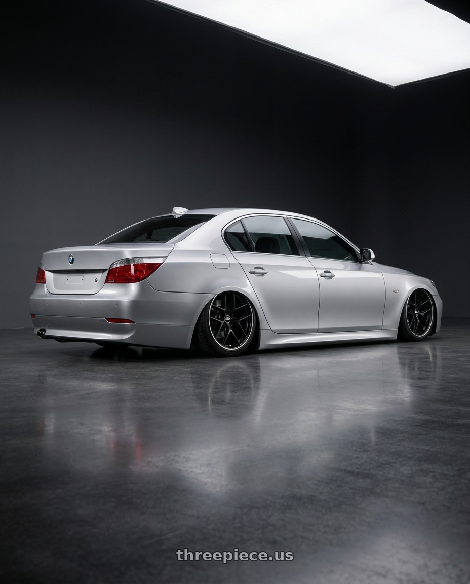 2007 Bmw E60 with BBS CC-R 5x114.3 19x8.5+43 Satin Black wheels rear three quarter view slight stretch tires