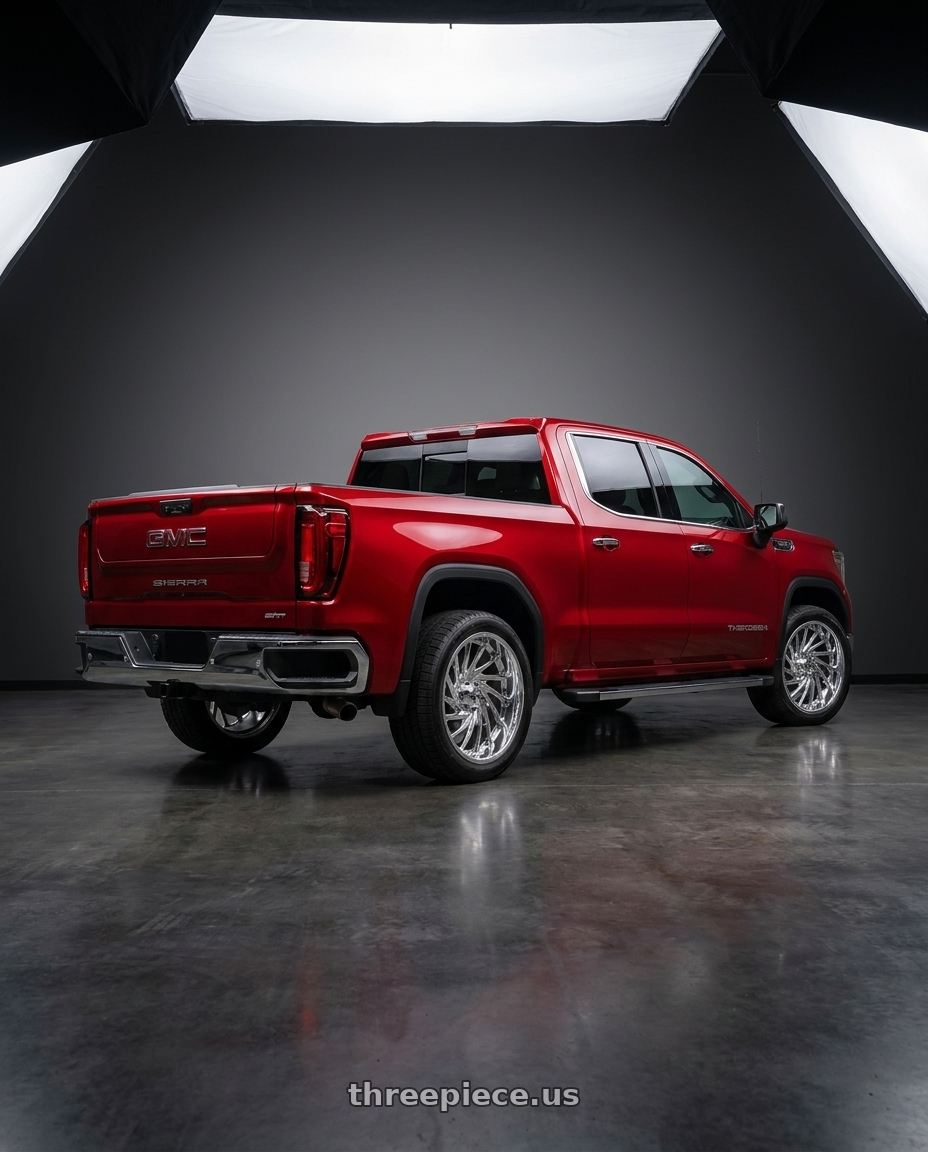 2024 gmc sierra with Fuel UTV D204 RUNNER 4X137 22X7 +13 POLISHED wheels rear three quarter view square tires