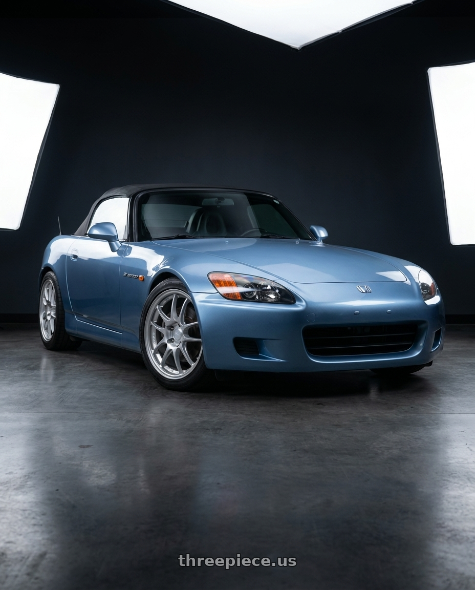2003 Honda S2000 with Enkei PF01 5x114.3 17x8+50 Silver wheels front three quarter view stock stance