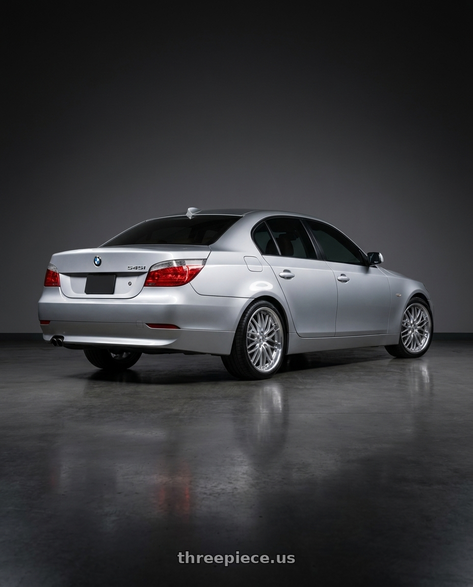 2005 bmw 545 i with MRR GT1 5x120 20x8.5  +20 Hyper Silver Machine Lip wheels rear three quarter view square tires