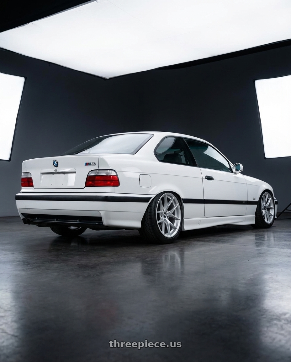 1998 BMW M3 with ESR Wheels FORGETECH SERIES RF2 5x100 18x8.5 +30 Hyper Silver wheels rear three quarter view meaty tires