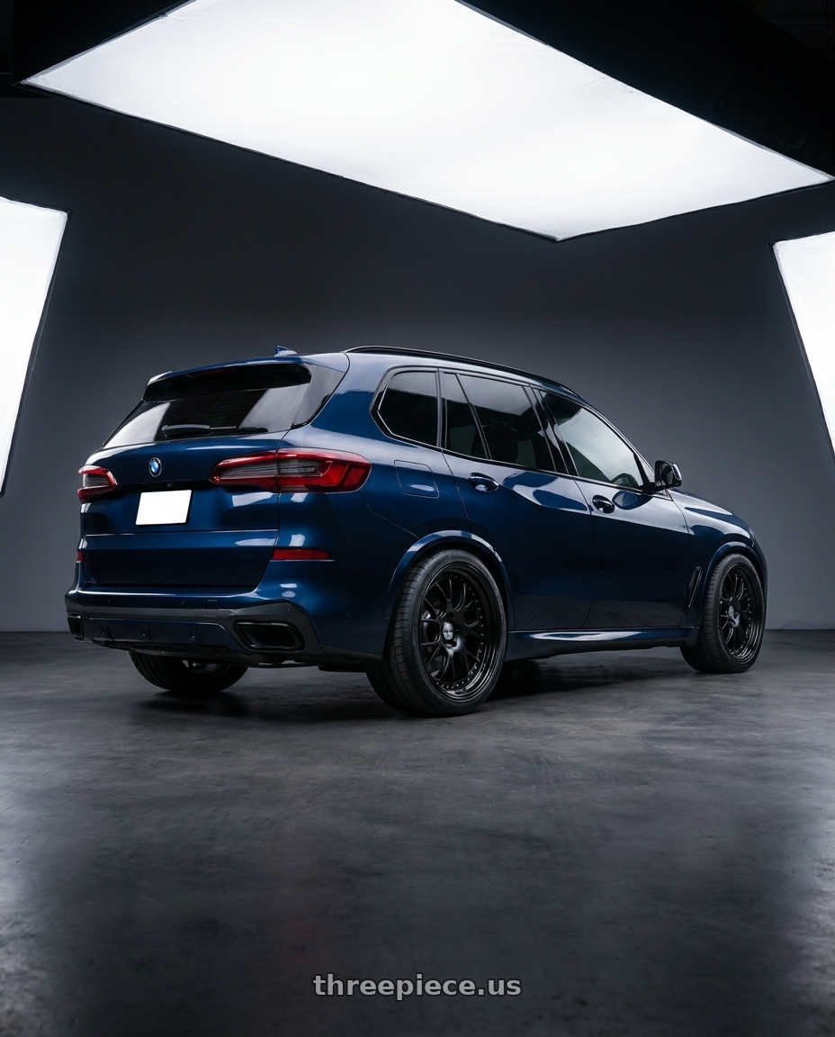 2019 bmw x5 with SSR Professor MS3 4x100 18x10.5+-13 HP Disk Flat Black wheels rear three quarter view square tires