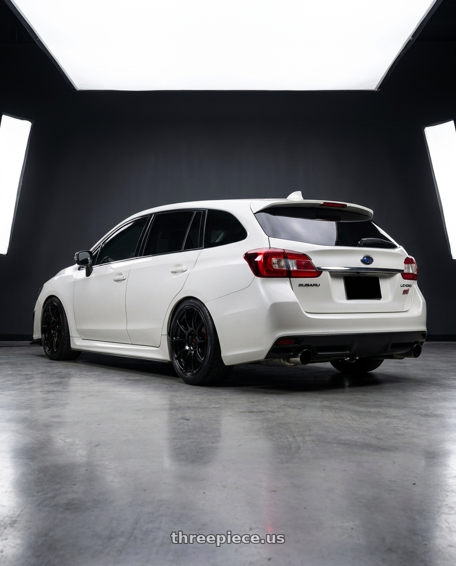 2020 subaru levorg gts STI type white  with Volk Racing G16 M-SPEC 5x114.3 19x9.5 +36 PRESSED BLACK CLEAR wheels rear three quarter view extreme stretch tires