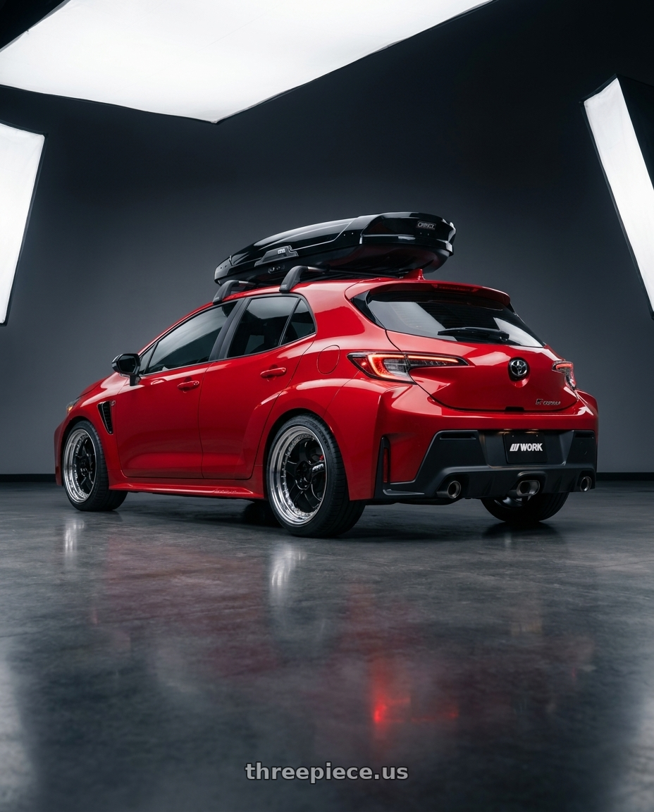 2026 Toyota GR Corola with Work Meister S1 3P 5x114.3 18x9+22 A Disk Black wheels rear three quarter view square tires