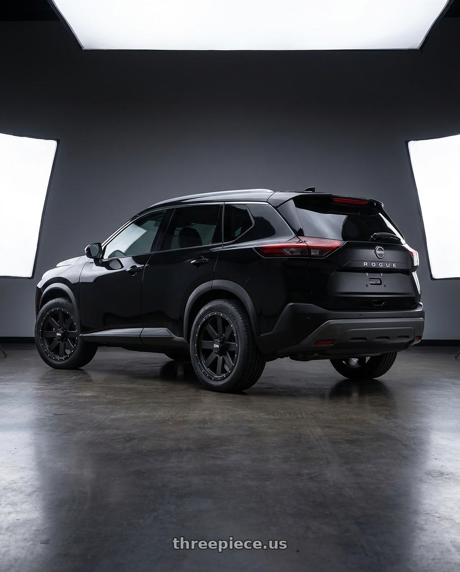 Ni rogue 2024 with Ion Type 134 5x150 20x10-19 Matte Black/Black Beadlock wheels rear three quarter view square tires