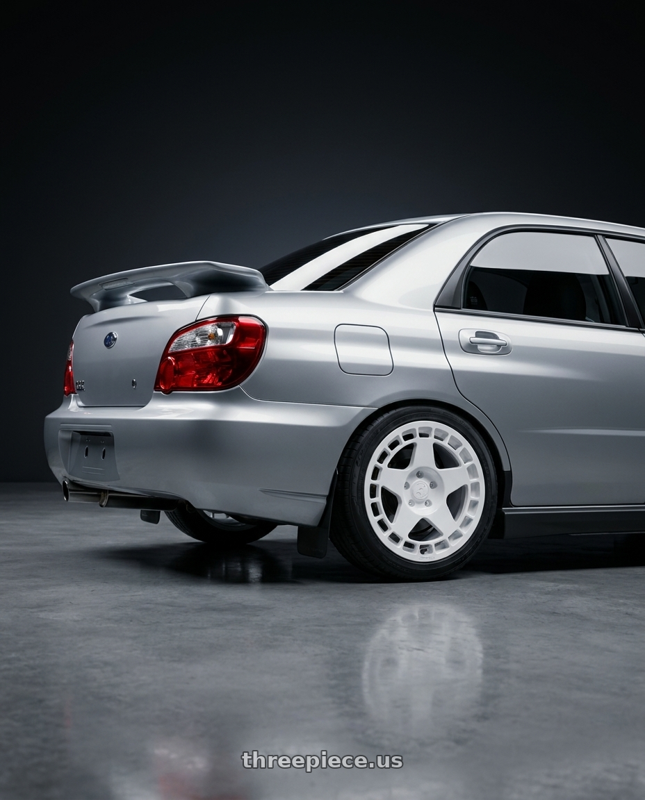 2004 Subaru wrx  with fifteen52 TURBOMAC 5x100 17x7.5 +30 RALLY WHITE (GLOSS WHITE) wheels rear three quarter view square tires