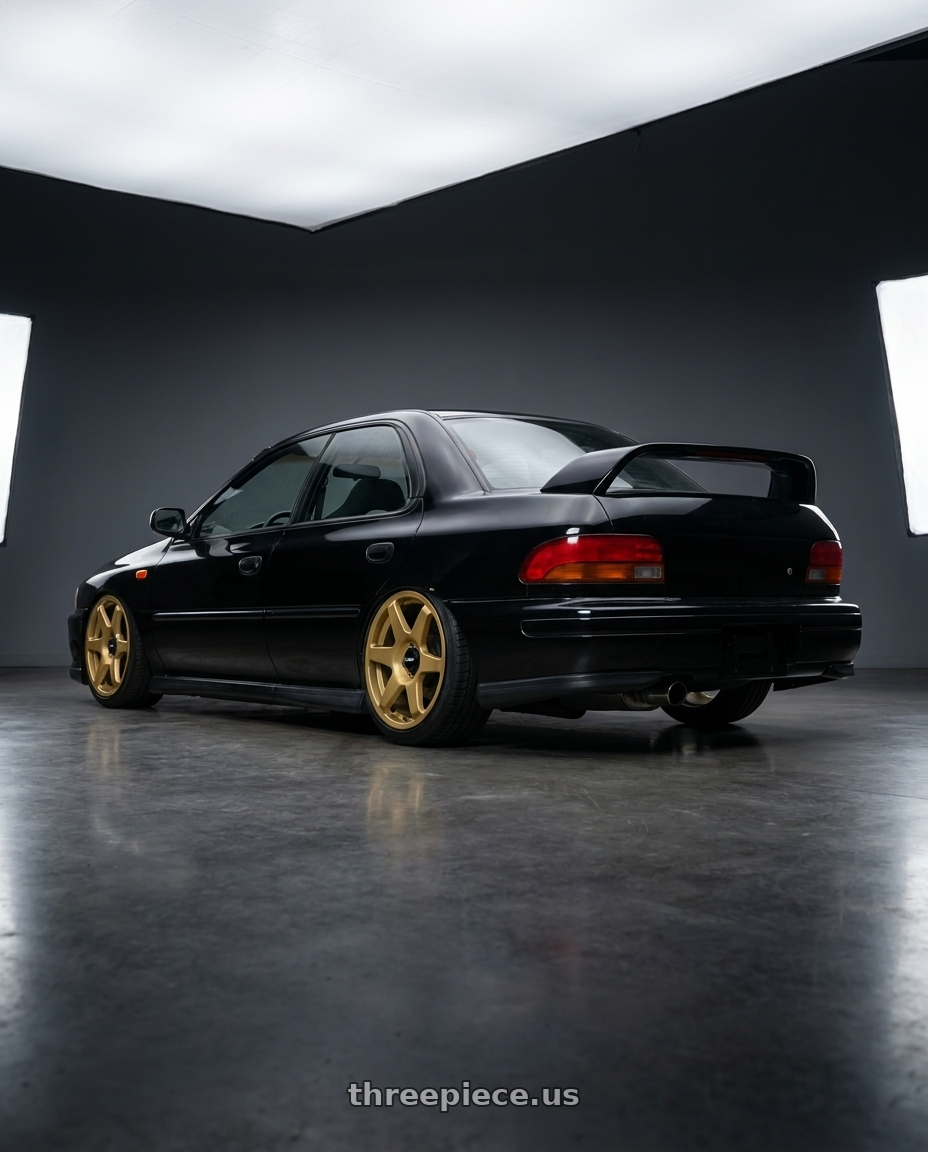 1998 Subaru Impreza GC8 with Rotiform 1PC R118 SIX 5X100/5X112 18X8.5 +45 MATTE GOLD wheels rear three quarter view slight stretch tires
