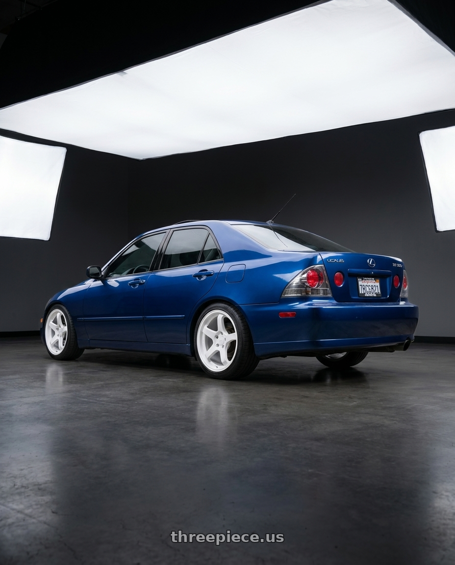2001 Lexus is300 with KATANA RACING HR05 5x114.3 18x8.5 +35 Gloss White wheels rear three quarter view square tires