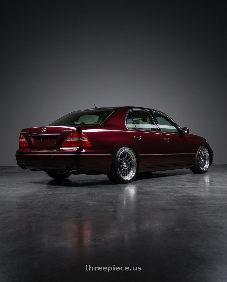2006 Lexus LS430 with Work Meister M1 3p 4x100 16x8.5+11 O Disk Matte Gunmetal wheels rear three quarter view square tires