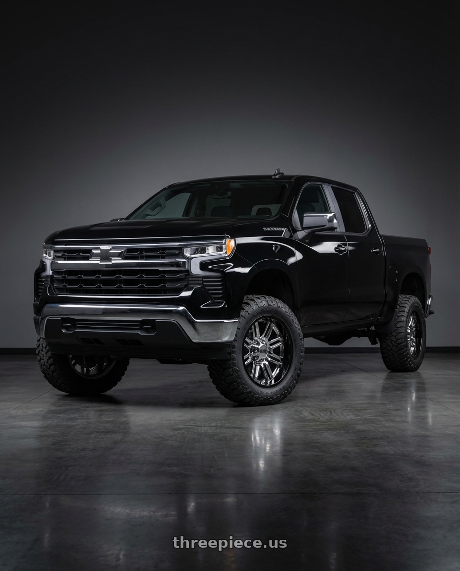 2023 Chevrolet silverado 1500 LT Black with Moto Metal MO202 6X139.7 20X10 -18 CHROME CENTER GLOSS BLACK MILLED LIP wheels