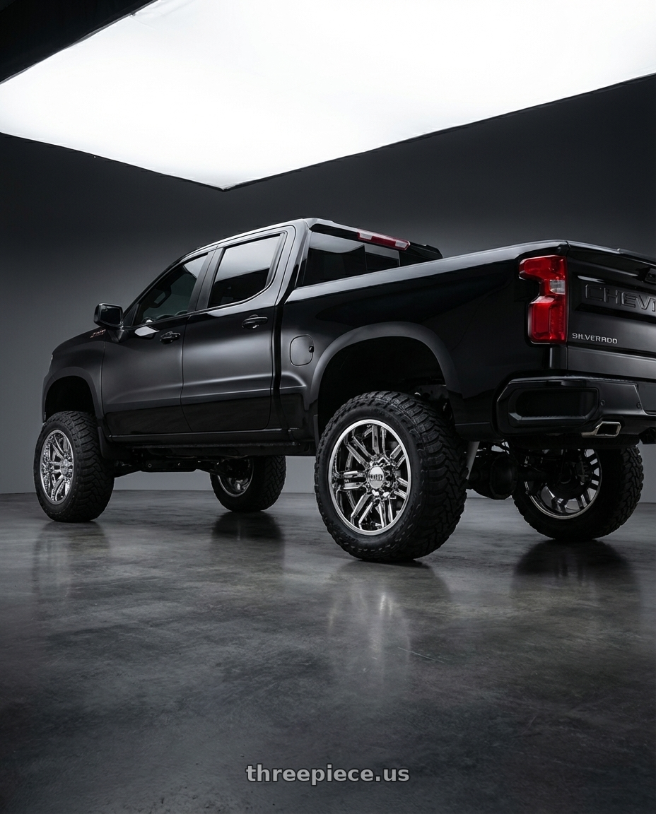 2023 Chevrolet silverado 1500 LT Black with Moto Metal MO202 6X139.7 20X10 -18 CHROME CENTER GLOSS BLACK MILLED LIP wheels rear three quarter view meaty tires