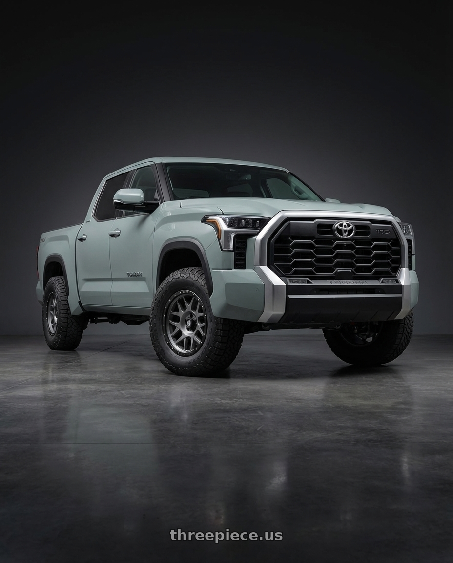 2024 Toyota Tundra with XD XD127 BULLY 6X139.7 20X9 +0 MATTE GRAY BLACK RING wheels front three quarter view stock stance