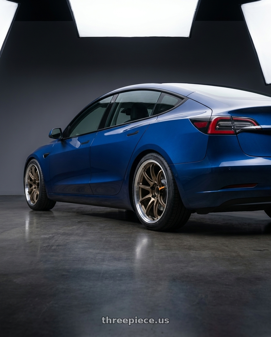 2023 tesla model 3 with Work Emotion Zr10 5x114.3 19x8.5 +38 Titanium Diamond Lip Cut wheels rear three quarter view square tires
