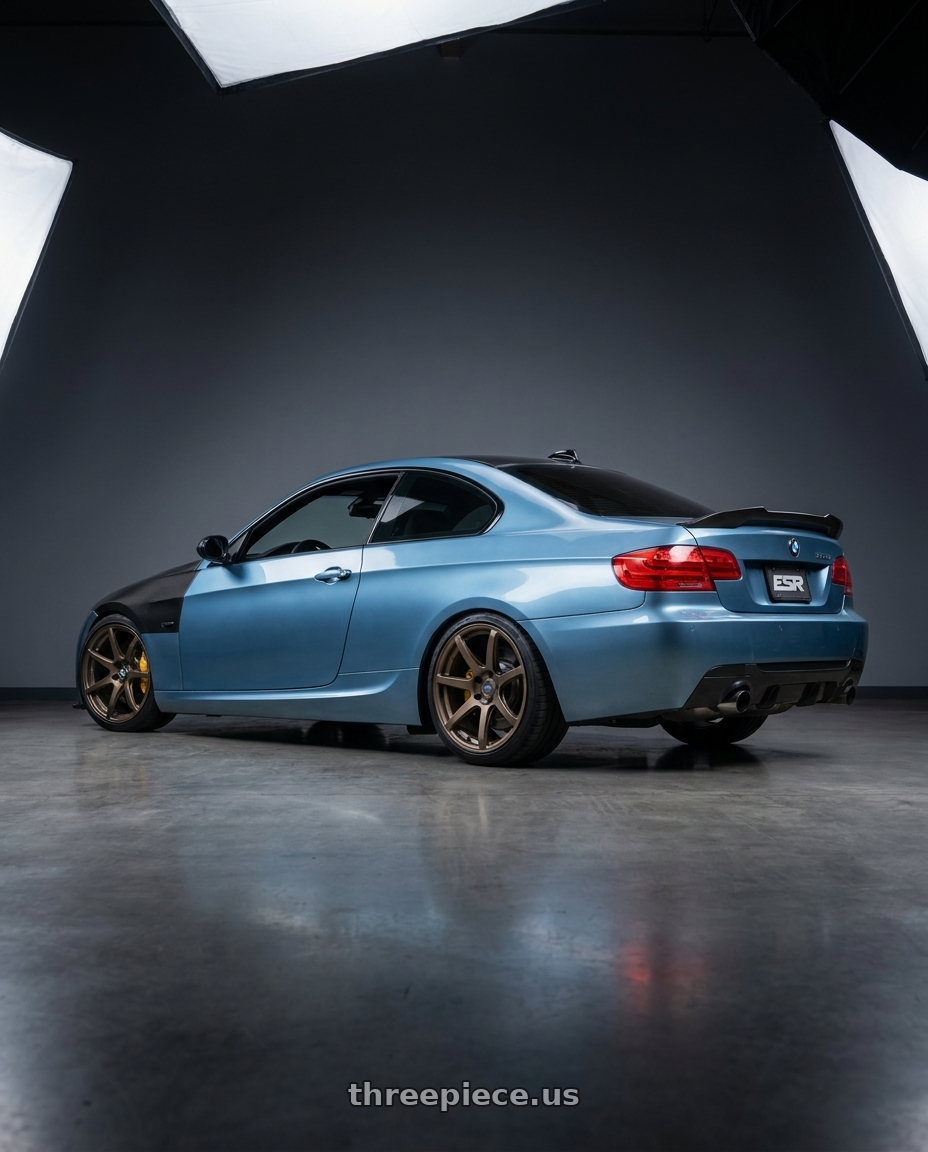 2009 BMW 335 with ESR Wheels APX6 5x120 18x9.5 +22 Matte Bronze wheels rear three quarter view square tires
