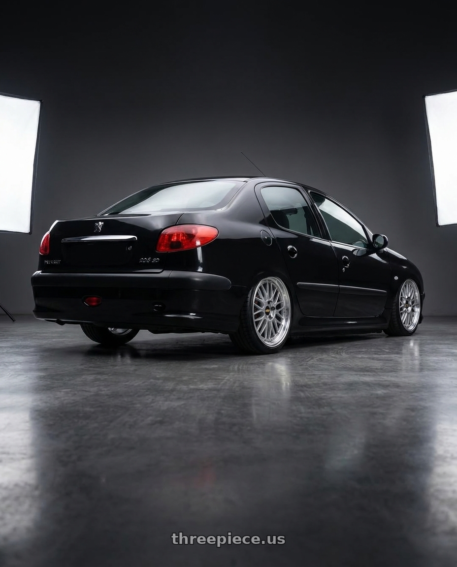 2011 Peugeot 206 SD with BBS LM 5x114.3 17x7.5+38 Diamond Silver wheels rear three quarter view square tires