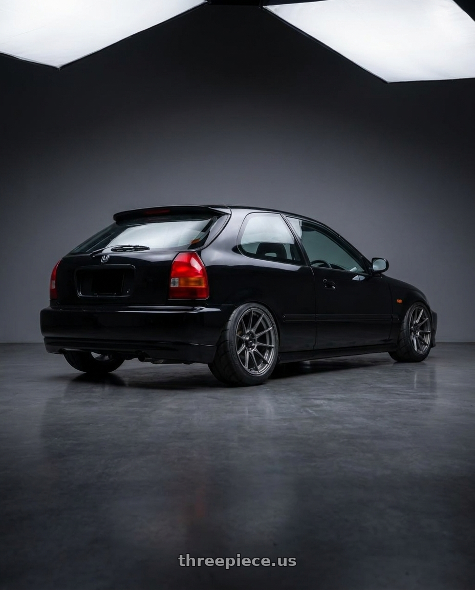 1997 Honda Civic with Advanti Racing 79G Storm S1 4X100 15x9 +35 Matte Grey wheels rear three quarter view meaty tires