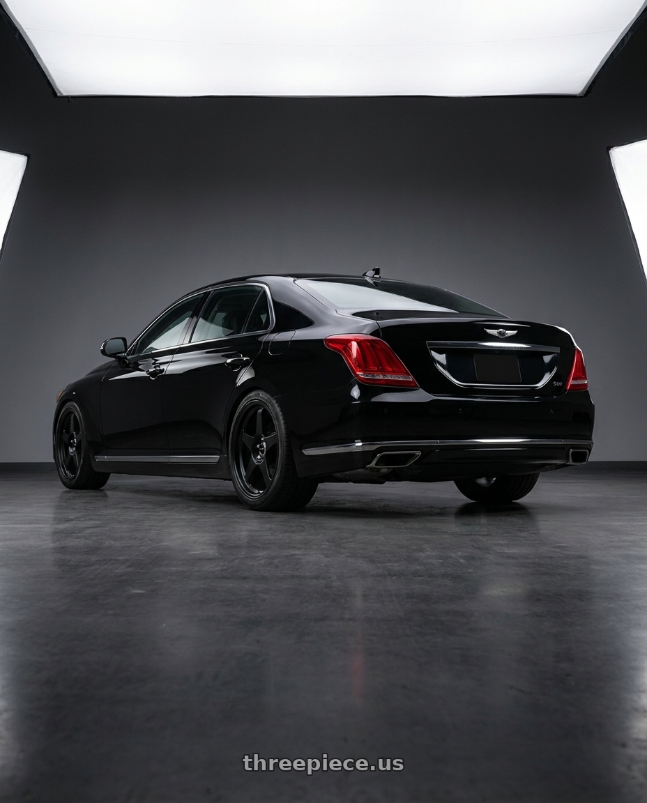 2018 Genesis G90 with R6061 Forged R1 5x100 18X8.5 +35 Matte Black wheels rear three quarter view square tires