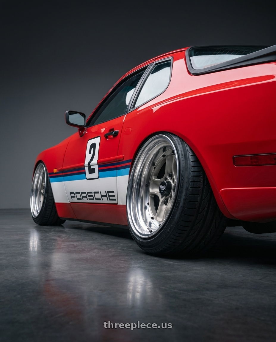 1989 Porsche 944 Turbo with Work Equip 40 4x100 15x13 -6 o disk Brut Silver wheels rear three quarter view extreme stretch tires