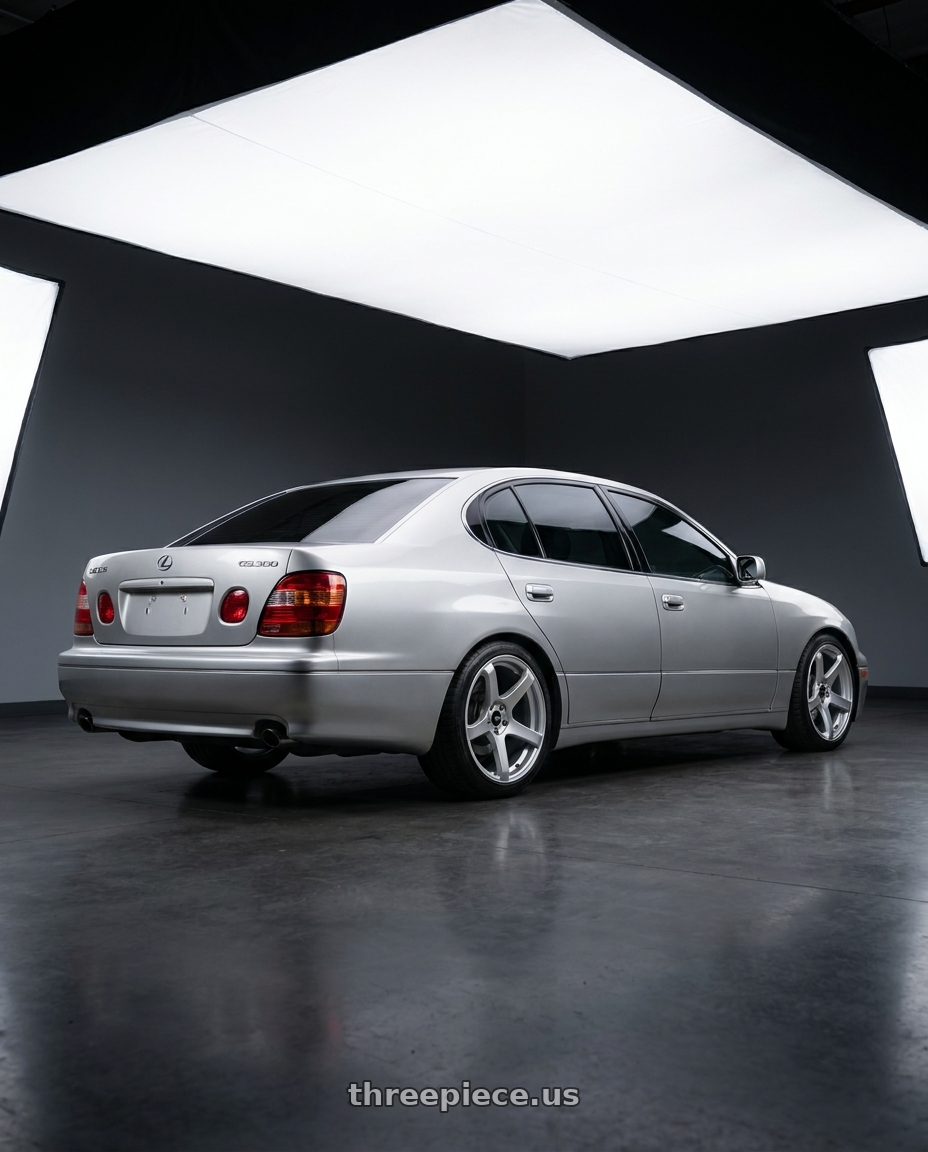 2001 Lexus Gs300  with Enkei T6S 5x114.3 18x8.5+35 Matte Silver wheels rear three quarter view square tires