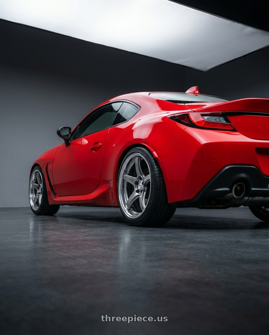 2023 Toyota GR86 with Work T5R 2P 5x100 18x8 +38 GT SILVER wheels rear three quarter view square tires
