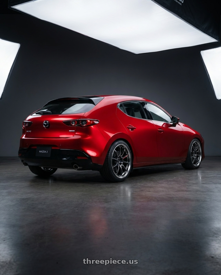 2024 Mazda 3 with Work Emotion Zr10 5x100 18x10.5 +12 Glim Black Diamond Rim cut wheels rear three quarter view slight stretch tires