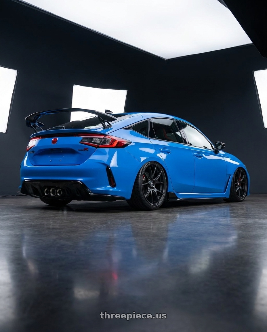 2024 Honda Civic Type R with Forgestar CF5V 5x120 19x9 +38 Satin Black wheels rear three quarter view slight stretch tires