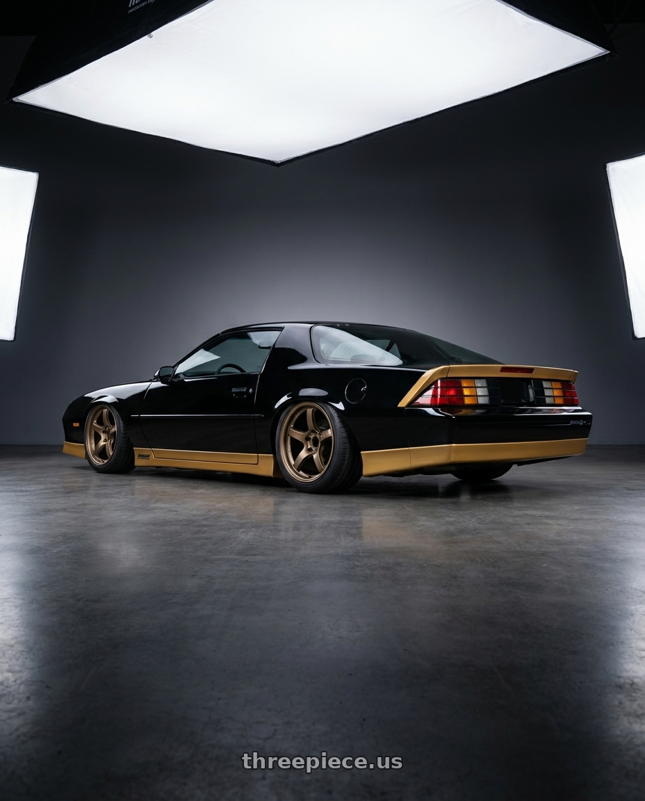 1988 Chevy camaro with Gram Lights 57CR 5x114.3 18x9.5 +22 BRONZE 2 wheels rear three quarter view slight stretch tires