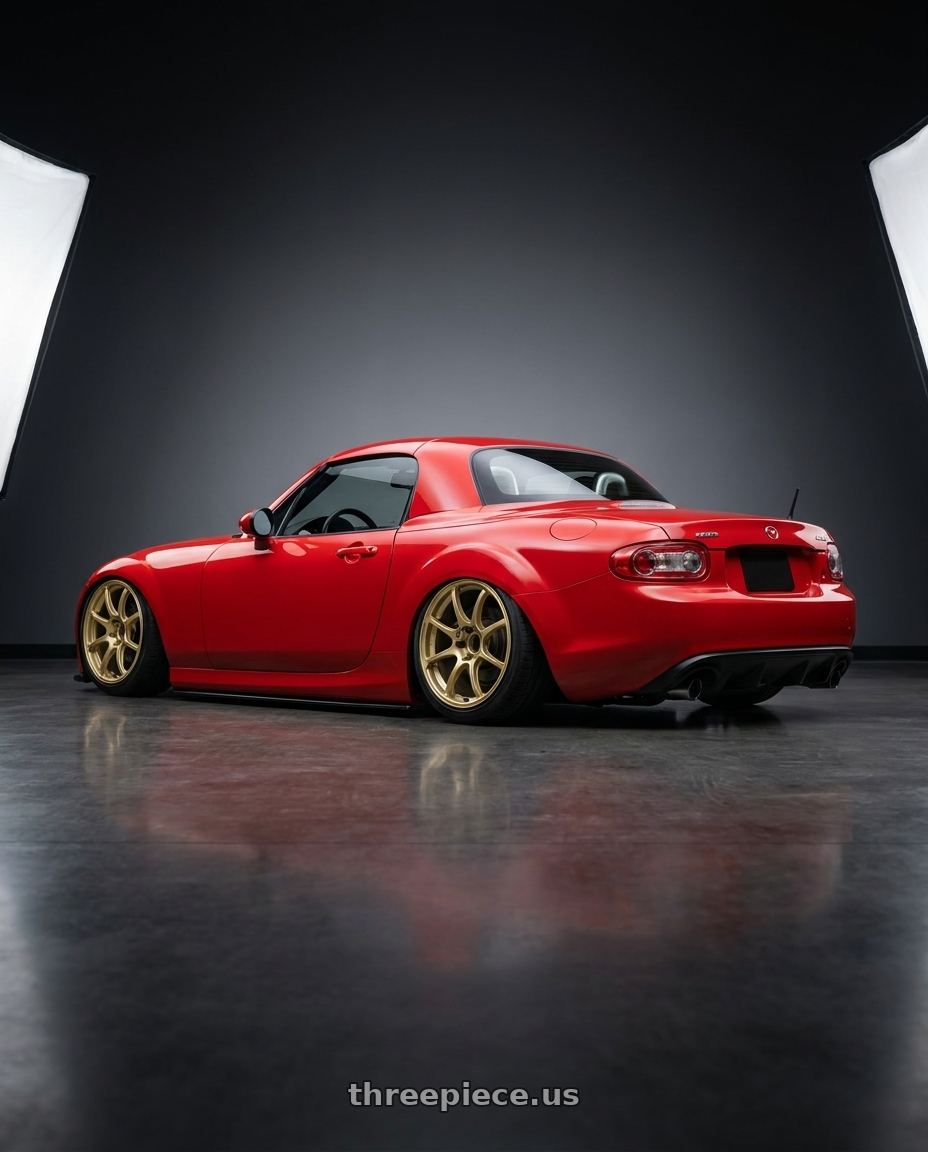 2012 Mazda MX-5 Miata NC with Advan RCIII 5x114.3 17x8+38 Gold wheels rear three quarter view slight stretch tires