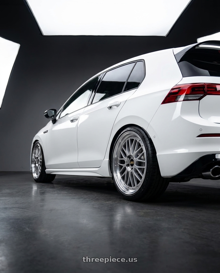 2025 Volkswagen Golf R Base with BBS LM 5x114.3 17x7.5+38 Diamond Silver wheels rear three quarter view slight stretch tires