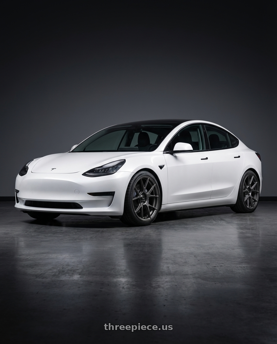 2023 Tesla Model 3 with Konig Ampliform 5x114.3 19x10.5+23 Dark Metallic Graphite wheels front three quarter view lowered stance