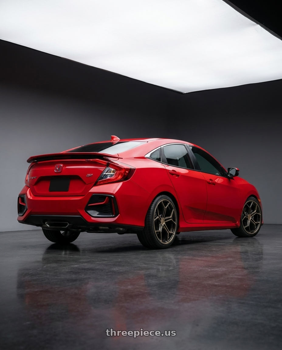 2020 Honda Civic Si with XO HELSINKI 5X114.3 19X10 +40 DARK BRONZE W/ BRUSHED BRONZE FACE wheels rear three quarter view square tires